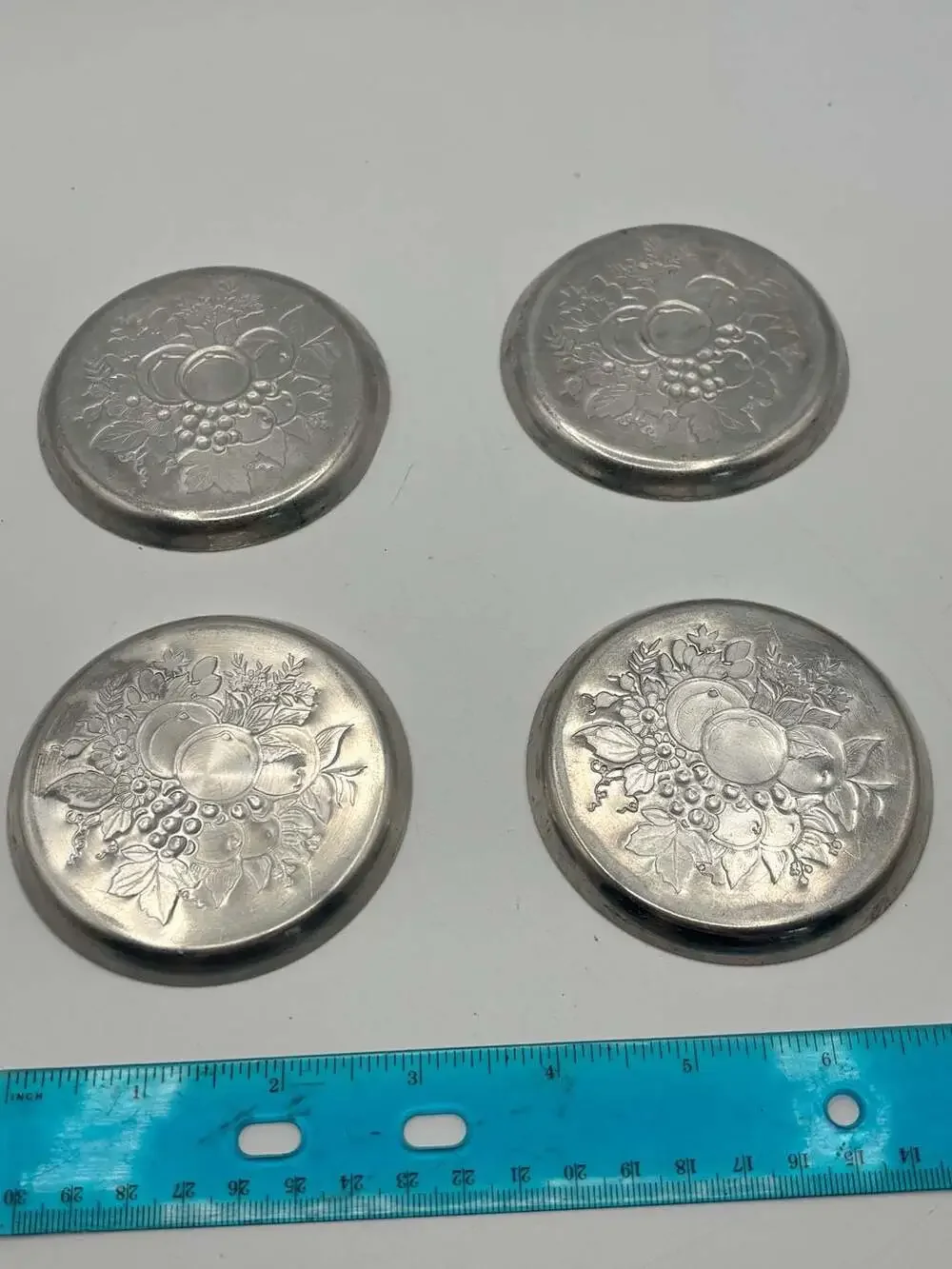 Set of 4 Vintage Embossed Aluminum Fruit Motif Coasters